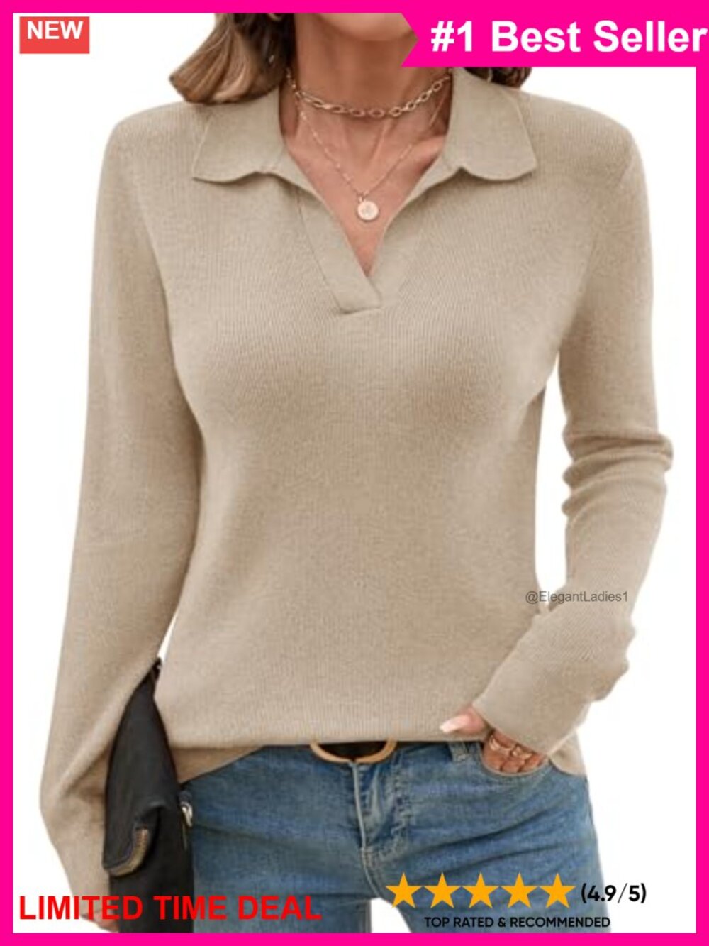 Women's Knitted Collared V-Neck Long Sleeve Sweater Pullover